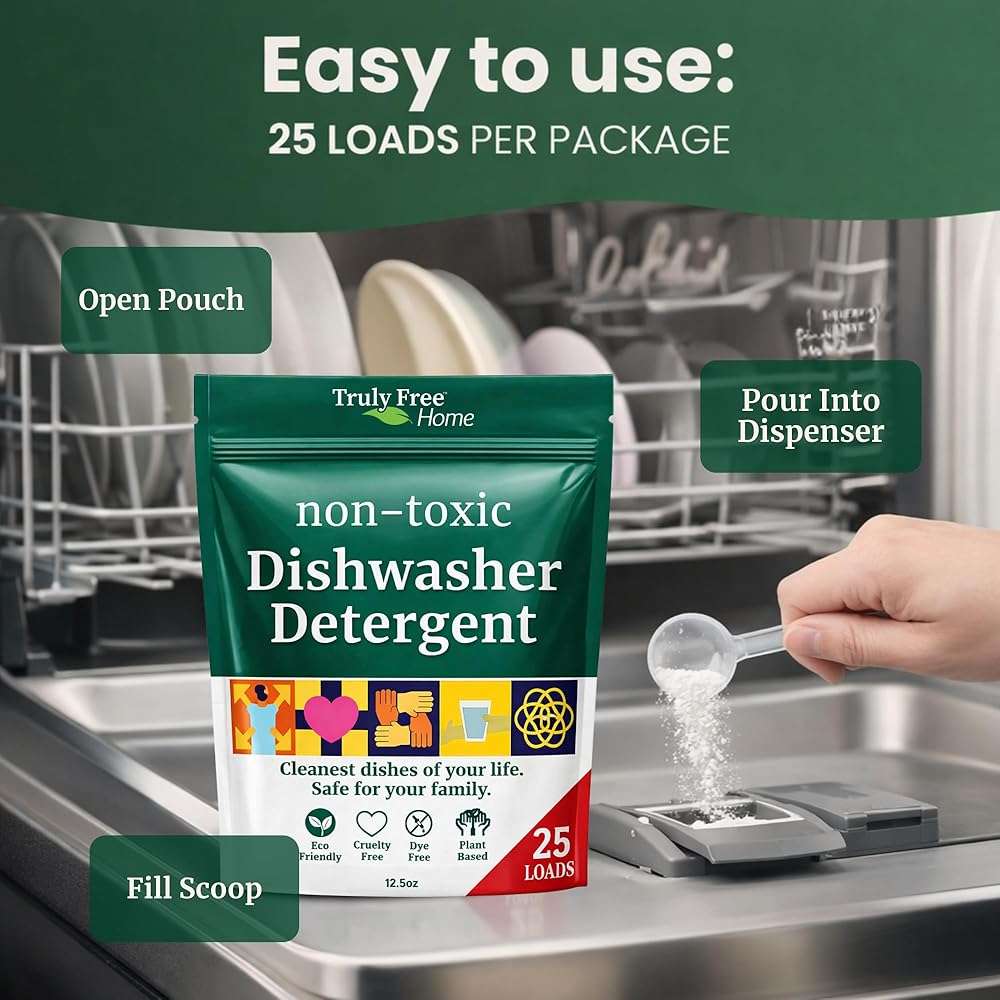 Truly Free Dishwasher Detergent Powder | Natural Dish Detergent, Dishwasher Soap | Plastic Free, Plant-Based, Clean, Heavy Duty Hard Water Stain & Grease Remover | Fragrance Free | 12.5 oz (Pack of 1) - Image 5