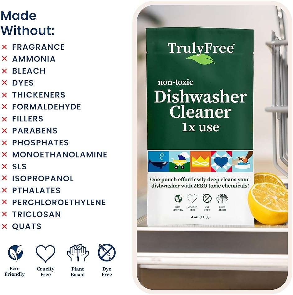 Truly Free Natural Dishwasher Cleaner - Dish Washer Machine Descaler, Fights Grease & Limescale, Hard Water Stain Remover, Smell Eliminator for Clean Dishwashers - Lemon Fresh Scent, 4 oz (Pack of 1) - Image 5