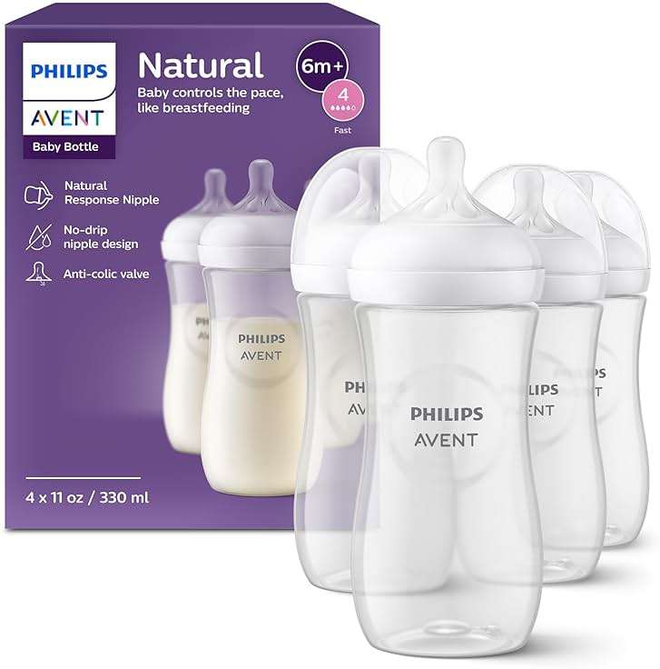 Philips Avent Natural Baby Bottles with Natural Response Nipples (Fast Flow, Flow 4), 11oz, 4-Pack, SCY906/04 - Image 1