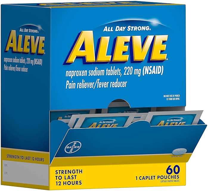 Aleve Pain Reliever & Fever Reducer Naproxen Sodium Caplets, Body and Arthritis Pain Reliever, Medicine for Adults and Children Ages 12 and Up, 60 Individual Pouches - Image 1