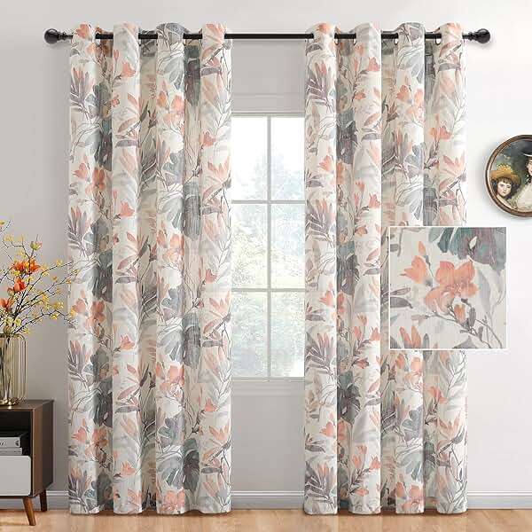 MYSKY Home Floral Curtains 84 inches Long Printed Grommet Cotton Curtains for Living Room Bedroom Light Filtering Linen Style Curtain Burlap Effect Drape Window Treatments, 2 Panel Coral and Natural - Image 2