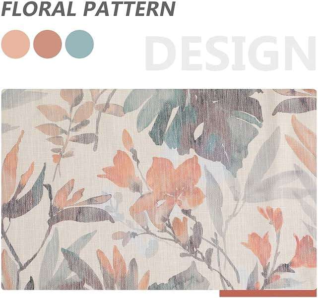 MYSKY Home Floral Curtains 84 inches Long Printed Grommet Cotton Curtains for Living Room Bedroom Light Filtering Linen Style Curtain Burlap Effect Drape Window Treatments, 2 Panel Coral and Natural - Image 3