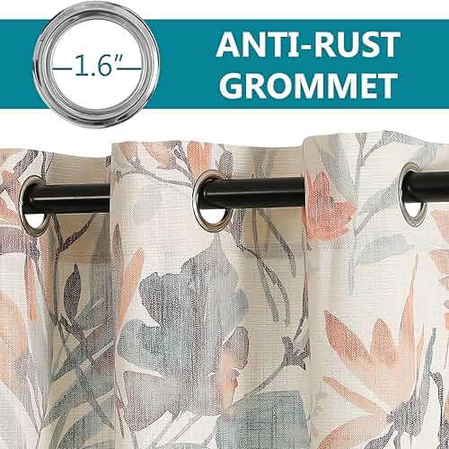 MYSKY Home Floral Curtains 84 inches Long Printed Grommet Cotton Curtains for Living Room Bedroom Light Filtering Linen Style Curtain Burlap Effect Drape Window Treatments, 2 Panel Coral and Natural - Image 4