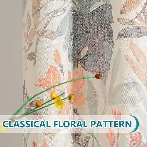 MYSKY Home Floral Curtains 84 inches Long Printed Grommet Cotton Curtains for Living Room Bedroom Light Filtering Linen Style Curtain Burlap Effect Drape Window Treatments, 2 Panel Coral and Natural - Image 5