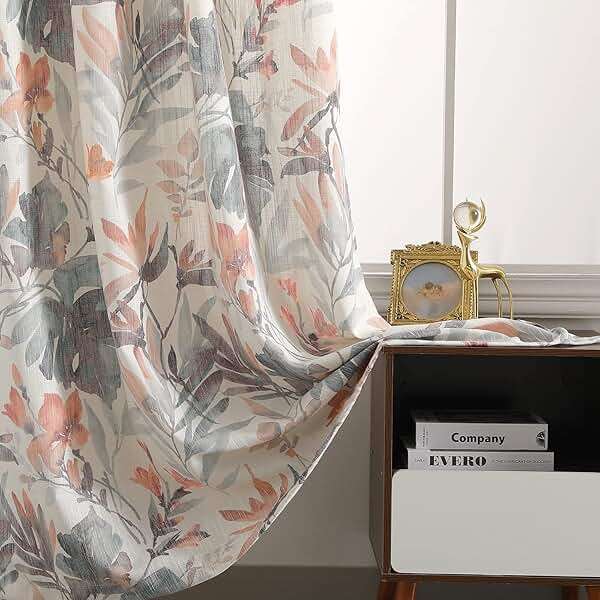 MYSKY Home Floral Curtains 84 inches Long Printed Grommet Cotton Curtains for Living Room Bedroom Light Filtering Linen Style Curtain Burlap Effect Drape Window Treatments, 2 Panel Coral and Natural - Image 6