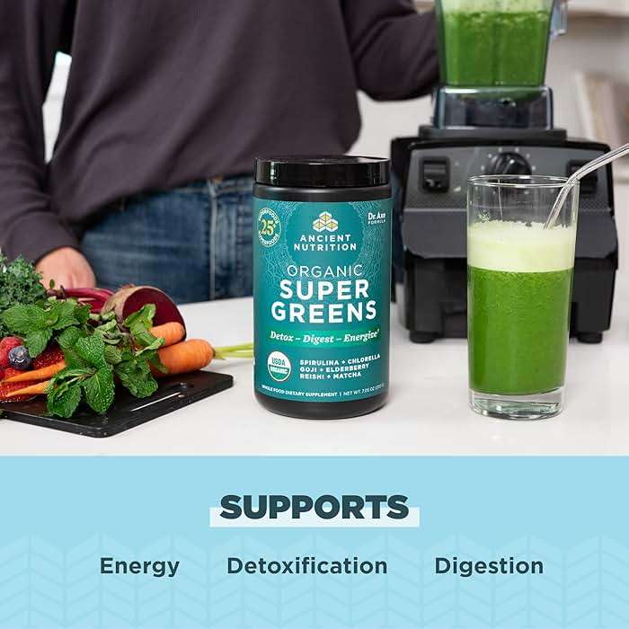 Ancient Nutrition Super Greens Powder, Organic Superfood Powder with Probiotics Made with Spirulina, Chlorella, Matcha, and Digestive Enzymes, 25 Servings, 7.05oz - Image 2