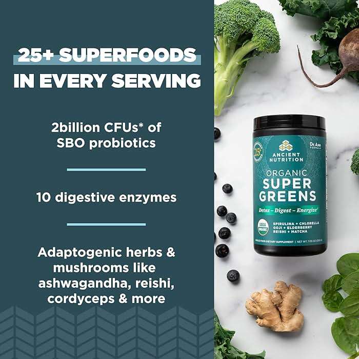 Ancient Nutrition Super Greens Powder, Organic Superfood Powder with Probiotics Made with Spirulina, Chlorella, Matcha, and Digestive Enzymes, 25 Servings, 7.05oz - Image 3