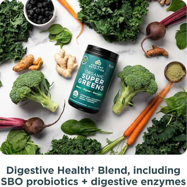 Ancient Nutrition Super Greens Powder, Organic Superfood Powder with Probiotics Made with Spirulina, Chlorella, Matcha, and Digestive Enzymes, 25 Servings, 7.05oz - Image 6