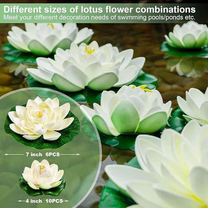 WhistenFla 16Pcs Artificial Floating Pool Flowers, 7in & 4in Fake Water Lily Pads Flowers, Lotus Flower Floating Pool Decorations - Image 3