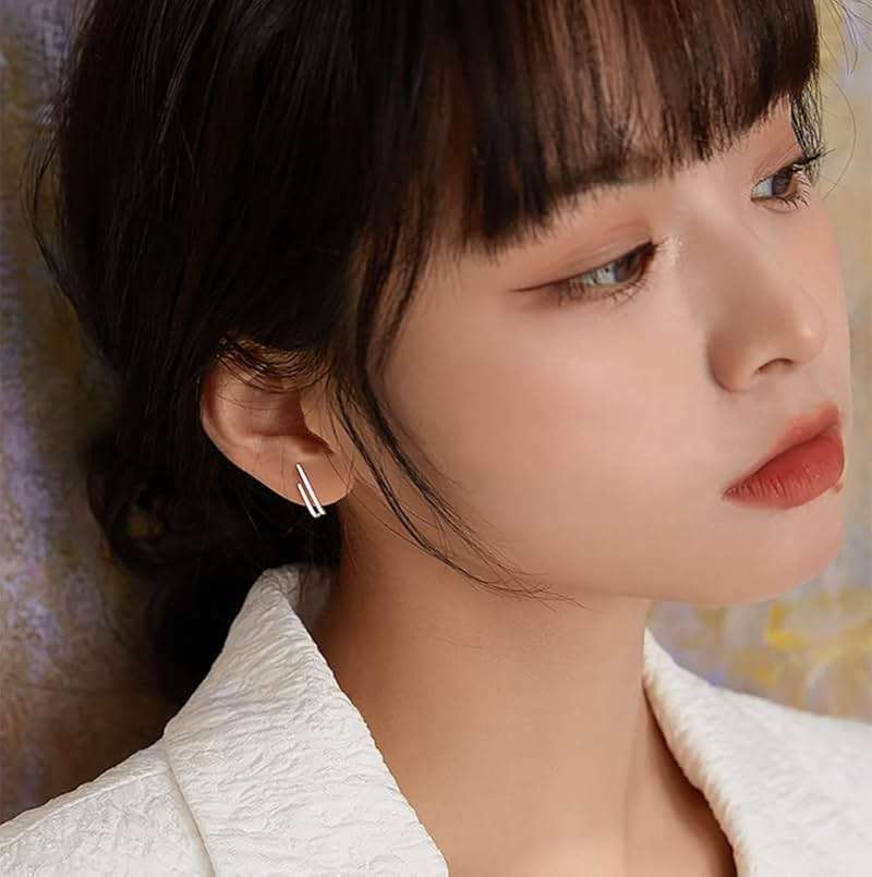 Reffeer Solid 925 Sterling Silver Bar Open Hoop Earrings Huggie Studs for Women Teens Bar Half Hoop Earrings Huggie - Image 2