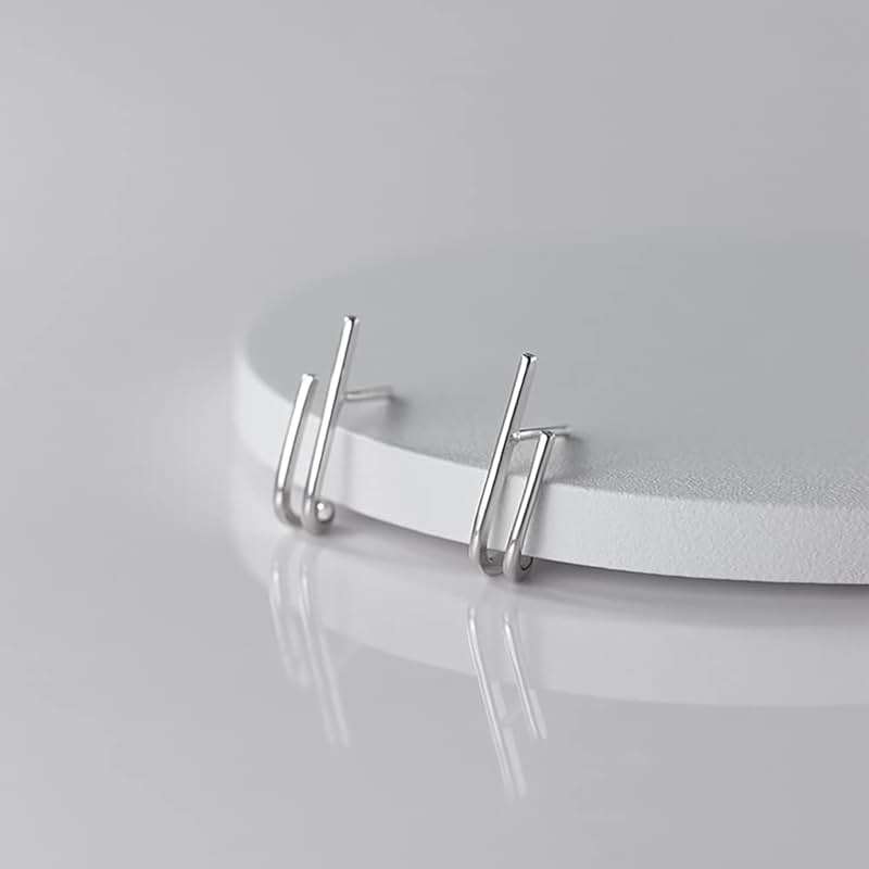 Reffeer Solid 925 Sterling Silver Bar Open Hoop Earrings Huggie Studs for Women Teens Bar Half Hoop Earrings Huggie - Image 4