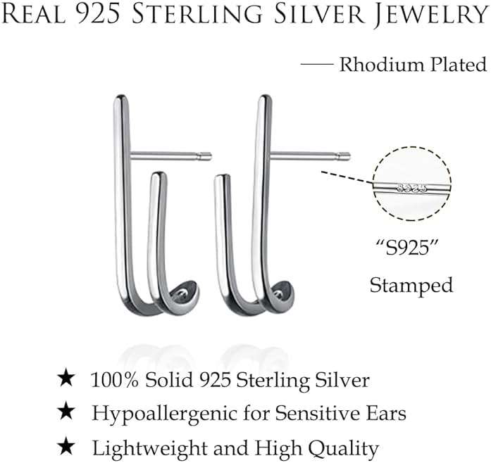 Reffeer Solid 925 Sterling Silver Bar Open Hoop Earrings Huggie Studs for Women Teens Bar Half Hoop Earrings Huggie - Image 7