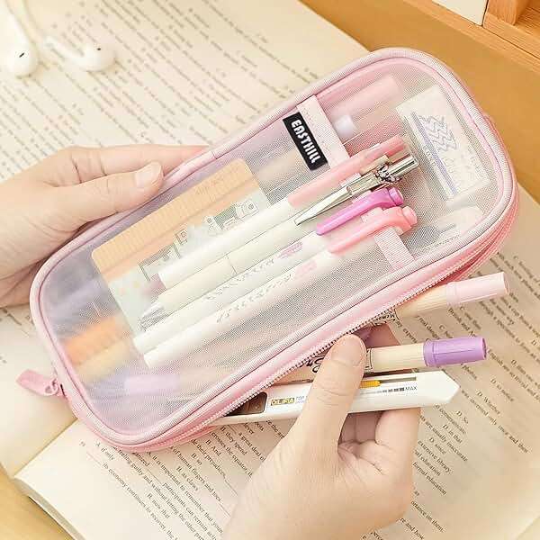 EASTHILL Grid Mesh Pen Pencil Case with Zipper Clear Makeup Color Pouch Cosmetics Bag Multi-Purpose Travel School Teen Girls and Boys Transparent Stationary Bag Office Organizer Box for Adluts(Pink) - Image 2