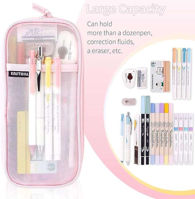 EASTHILL Grid Mesh Pen Pencil Case with Zipper Clear Makeup Color Pouch Cosmetics Bag Multi-Purpose Travel School Teen Girls and Boys Transparent Stationary Bag Office Organizer Box for Adluts(Pink) - Image 3