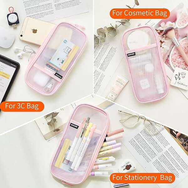 EASTHILL Grid Mesh Pen Pencil Case with Zipper Clear Makeup Color Pouch Cosmetics Bag Multi-Purpose Travel School Teen Girls and Boys Transparent Stationary Bag Office Organizer Box for Adluts(Pink) - Image 6