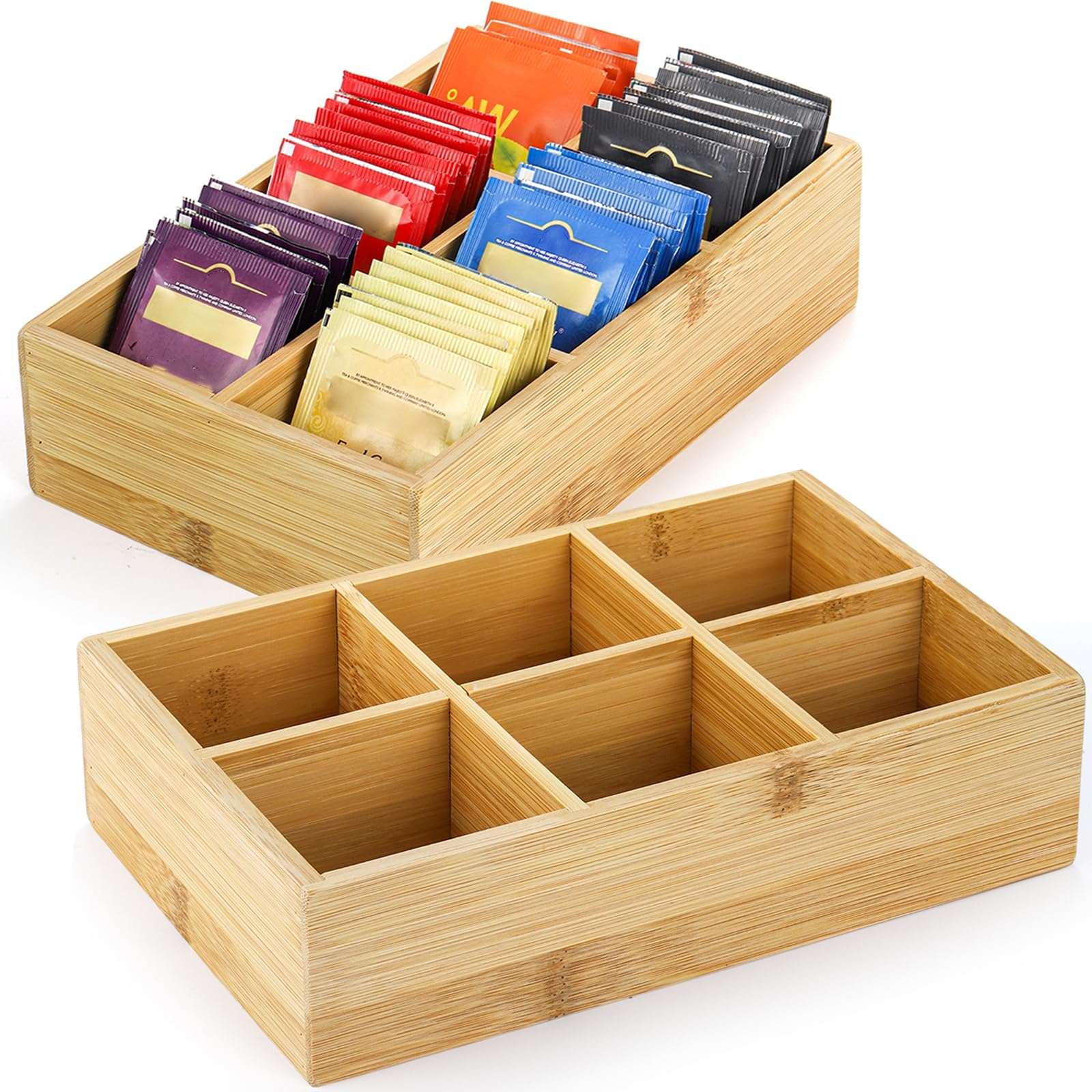 Dicunoy 2 Pack Bamboo Tea Bag Organizers, Wood Tea Bag Storage for Drawers with 6 Roomy Compartments, Sturdy Tea Chest Boxes for Shelf, Coffee Station, Sugar Packet, Sweeteners, Small Packets - Image 1