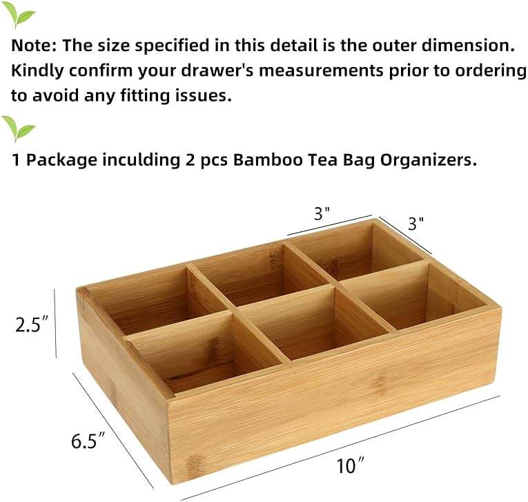 Dicunoy 2 Pack Bamboo Tea Bag Organizers, Wood Tea Bag Storage for Drawers with 6 Roomy Compartments, Sturdy Tea Chest Boxes for Shelf, Coffee Station, Sugar Packet, Sweeteners, Small Packets - Image 3