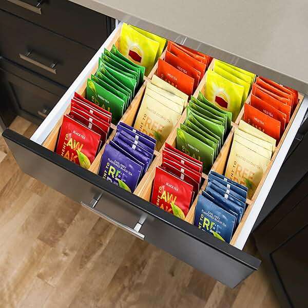 Dicunoy 2 Pack Bamboo Tea Bag Organizers, Wood Tea Bag Storage for Drawers with 6 Roomy Compartments, Sturdy Tea Chest Boxes for Shelf, Coffee Station, Sugar Packet, Sweeteners, Small Packets - Image 5