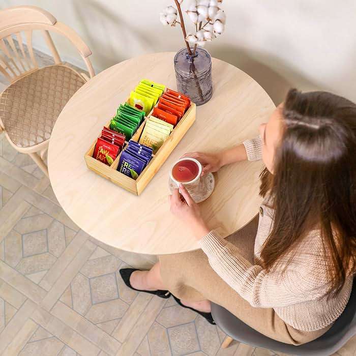 Dicunoy 2 Pack Bamboo Tea Bag Organizers, Wood Tea Bag Storage for Drawers with 6 Roomy Compartments, Sturdy Tea Chest Boxes for Shelf, Coffee Station, Sugar Packet, Sweeteners, Small Packets - Image 8