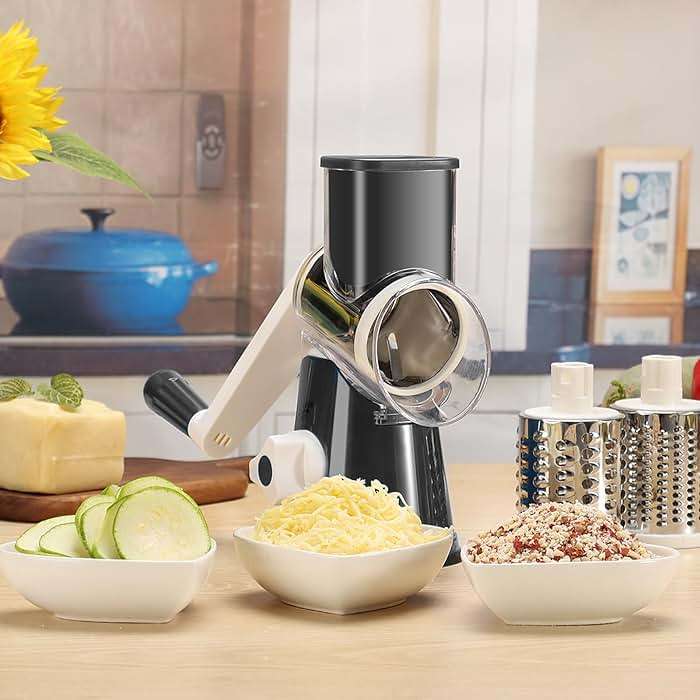 Cambom Rotary Cheese Grater Hand Crank Cheese Shredder for Fresh Cheese, Vegetable, Nuts,Non-slip Suction Base, Three Blades, Black - Image 2