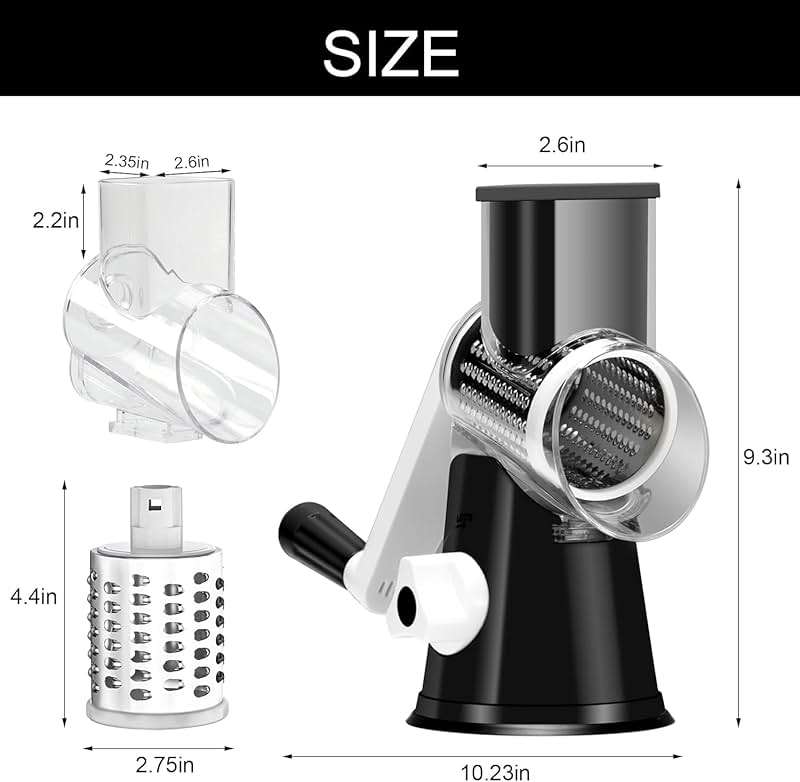 Cambom Rotary Cheese Grater Hand Crank Cheese Shredder for Fresh Cheese, Vegetable, Nuts,Non-slip Suction Base, Three Blades, Black - Image 3