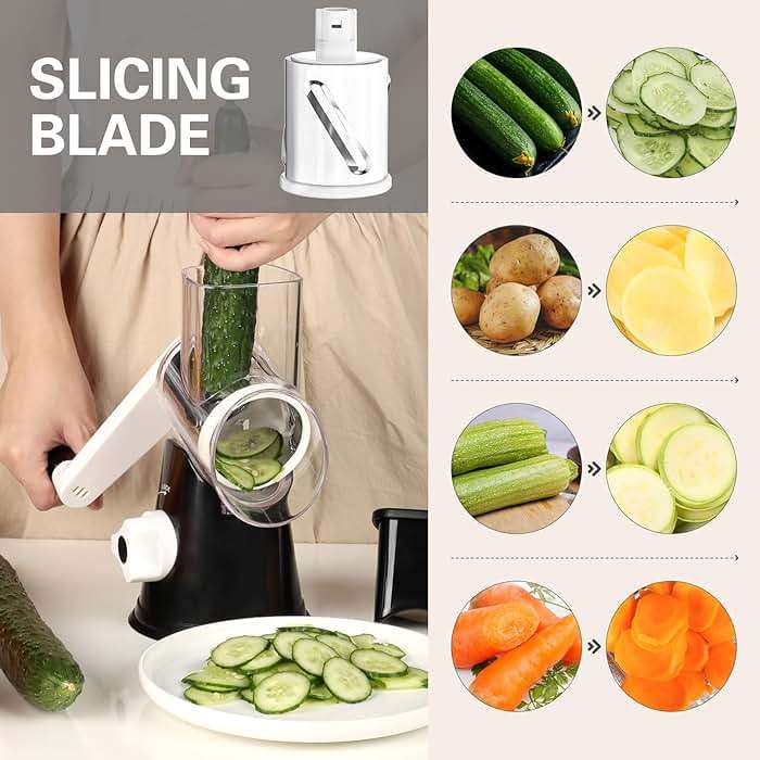 Cambom Rotary Cheese Grater Hand Crank Cheese Shredder for Fresh Cheese, Vegetable, Nuts,Non-slip Suction Base, Three Blades, Black - Image 5