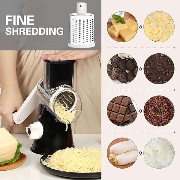 Cambom Rotary Cheese Grater Hand Crank Cheese Shredder for Fresh Cheese, Vegetable, Nuts,Non-slip Suction Base, Three Blades, Black - Image 6