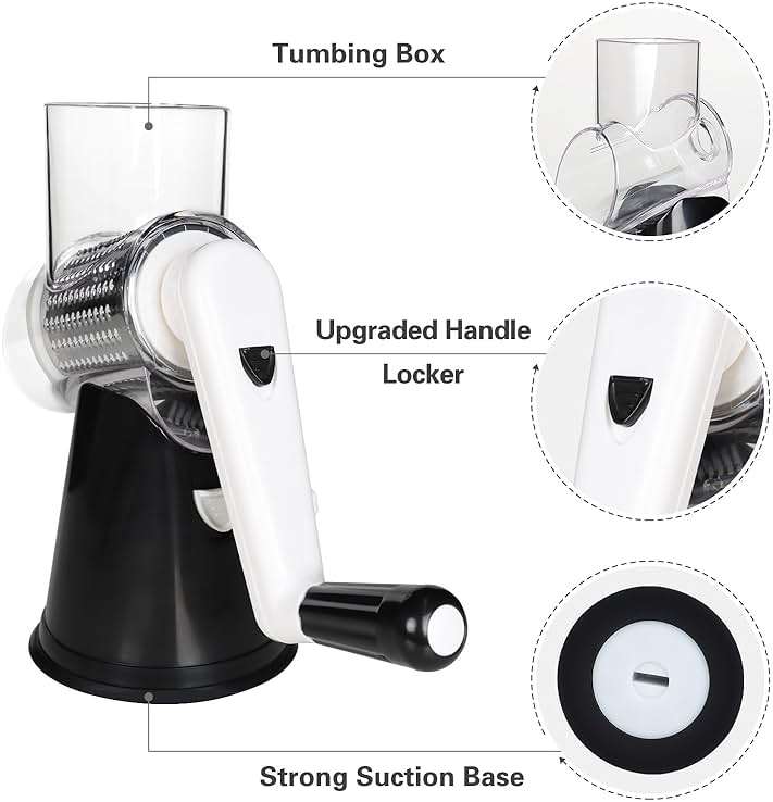 Cambom Rotary Cheese Grater Hand Crank Cheese Shredder for Fresh Cheese, Vegetable, Nuts,Non-slip Suction Base, Three Blades, Black - Image 7