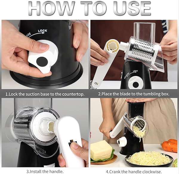 Cambom Rotary Cheese Grater Hand Crank Cheese Shredder for Fresh Cheese, Vegetable, Nuts,Non-slip Suction Base, Three Blades, Black - Image 8