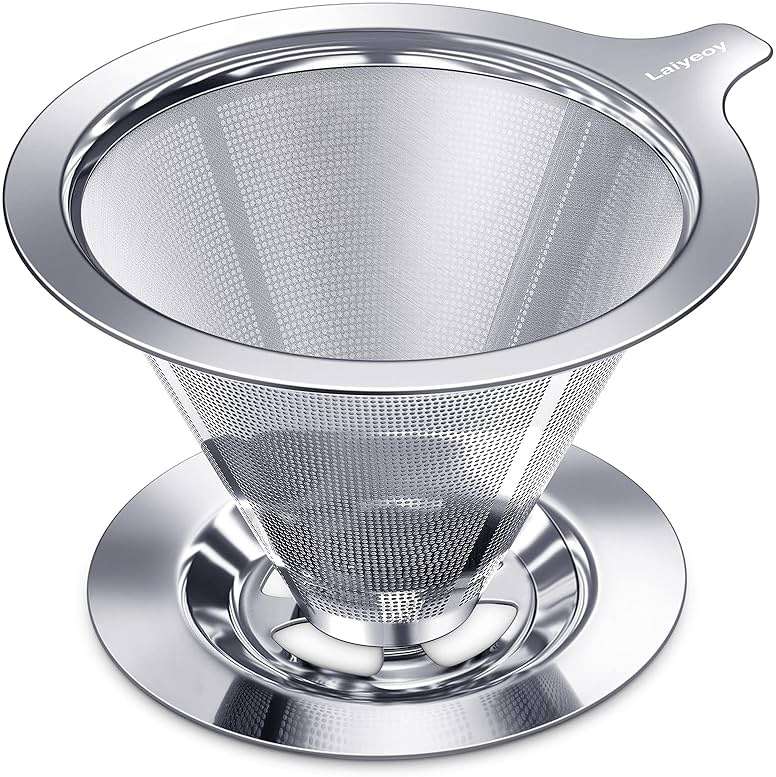 Laiyeoy Pour Over Coffee Dripper, Slow Drip Paperless Coffee Filter, Stainless Steel Pour Over Coffee Maker for Single Cup Brew, Double Mesh Design of Manual Reusable Cone Filter. - Image 1