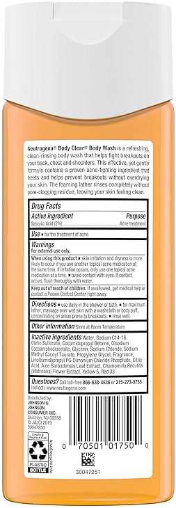 Neutrogena Body Clear Acne Body Wash, 2% Salicylic Acid Acne Medication, Oil-Free & Glycerin for Breakouts on Back, Chest & Shoulders, Non-Comedogenic, Gentle on Skin, Unscented, 8.5 Fl Oz, 3 Pack - Image 8