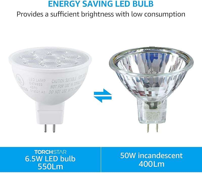 TORCHSTAR MR16 LED Bulbs 50W Halogen Equivalent, 550LM Super Bright 6.5W, 3000K Warm White, 12V Low Voltage GU5.3 Bi-Pin Base, UL Listed, for Recessed Lighting, Track Light Head, Pack of 6 - Image 2