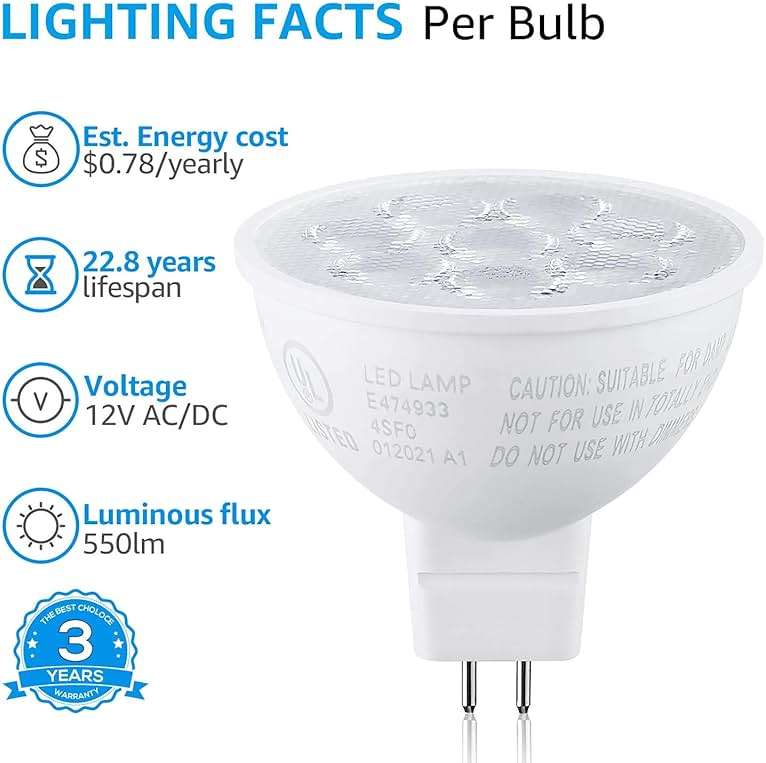 TORCHSTAR MR16 LED Bulbs 50W Halogen Equivalent, 550LM Super Bright 6.5W, 3000K Warm White, 12V Low Voltage GU5.3 Bi-Pin Base, UL Listed, for Recessed Lighting, Track Light Head, Pack of 6 - Image 3