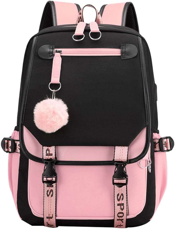 JiaYou Teenage Girls' Backpack Middle School Students Bookbag Outdoor Daypack with USB Charge Port (21 Liters, Black Pink) - Image 1