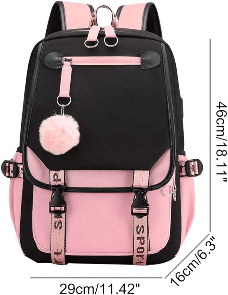 JiaYou Teenage Girls' Backpack Middle School Students Bookbag Outdoor Daypack with USB Charge Port (21 Liters, Black Pink) - Image 2
