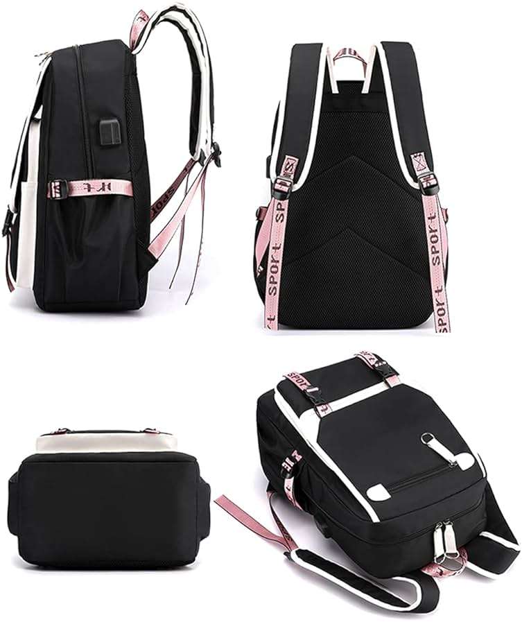 JiaYou Teenage Girls' Backpack Middle School Students Bookbag Outdoor Daypack with USB Charge Port (21 Liters, Black Pink) - Image 3