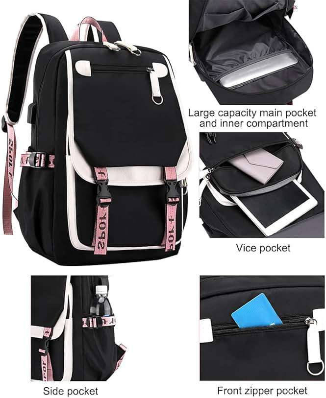 JiaYou Teenage Girls' Backpack Middle School Students Bookbag Outdoor Daypack with USB Charge Port (21 Liters, Black Pink) - Image 5