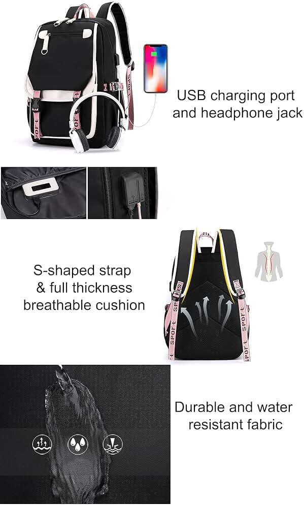 JiaYou Teenage Girls' Backpack Middle School Students Bookbag Outdoor Daypack with USB Charge Port (21 Liters, Black Pink) - Image 6