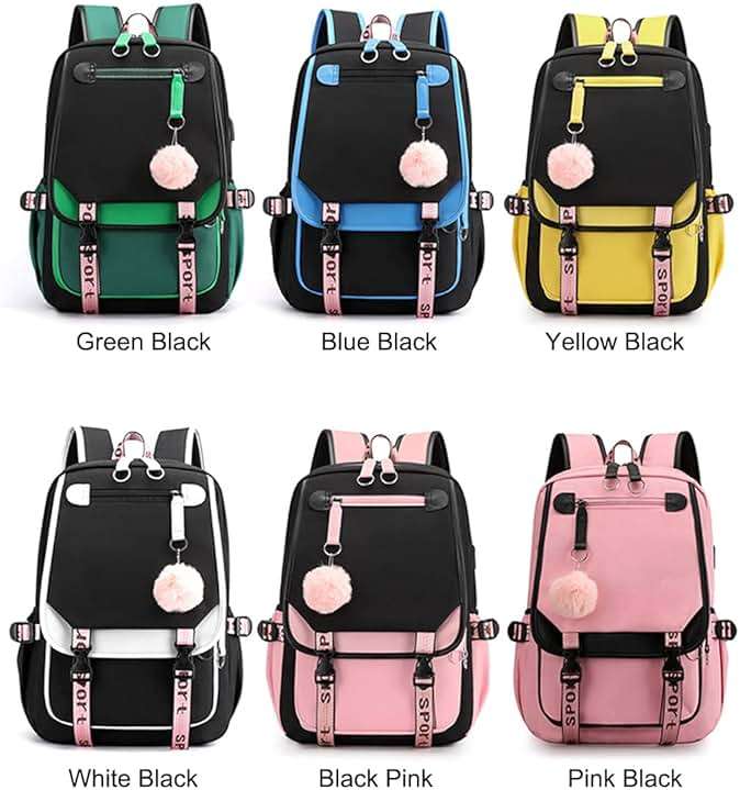 JiaYou Teenage Girls' Backpack Middle School Students Bookbag Outdoor Daypack with USB Charge Port (21 Liters, Black Pink) - Image 7