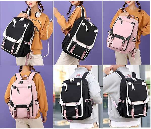 JiaYou Teenage Girls' Backpack Middle School Students Bookbag Outdoor Daypack with USB Charge Port (21 Liters, Black Pink) - Image 8