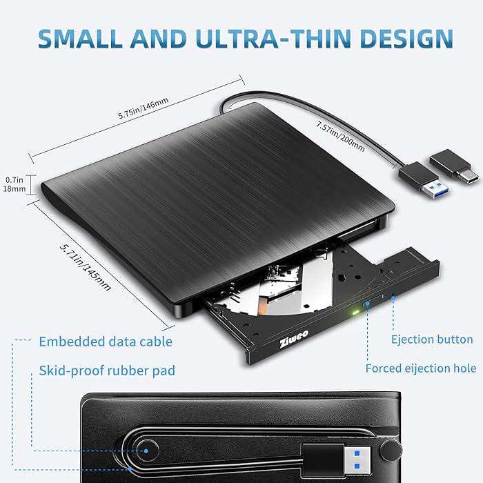 Ziweo External CD DVD Drive, Portable USB 3.0 Type-C CD Burner CD +/-RW Drive DVD Player for ROM Rewriter Burner Compatible with Laptop Desktop PC Windows MacBook Linux Mac OS - Image 5