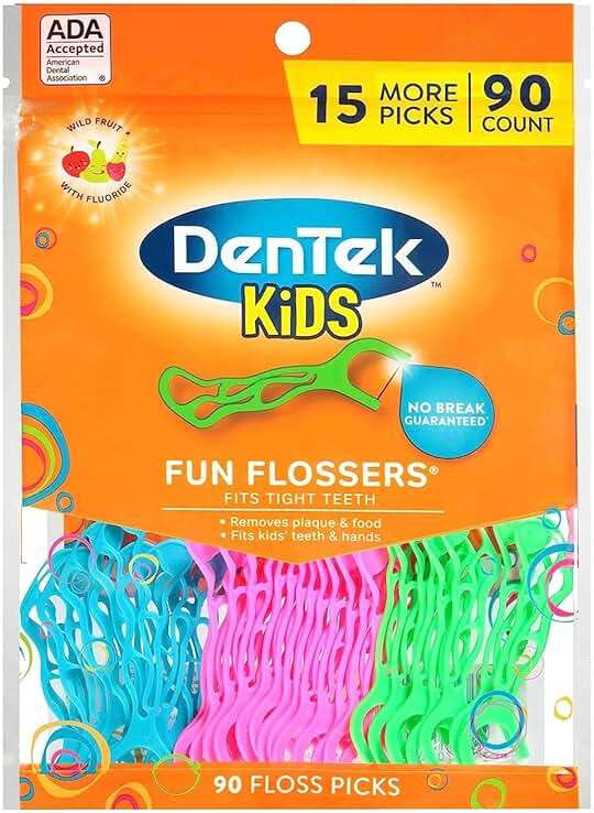 DenTek Fun Flossers – Kids Floss Picks with Wild Fruit Flavor, 90 Count - Image 1