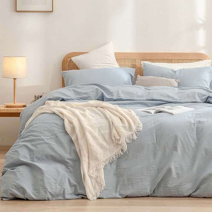 BESTOUCH Duvet Cover Set 100% Washed Cotton Linen Feel Super Soft Comfortable Chic Lightweight 3 PCs Home Bedding Set Cornflower Blue Queen - Image 1