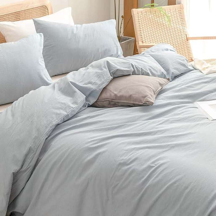 BESTOUCH Duvet Cover Set 100% Washed Cotton Linen Feel Super Soft Comfortable Chic Lightweight 3 PCs Home Bedding Set Cornflower Blue Queen - Image 2