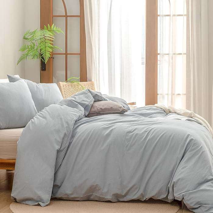 BESTOUCH Duvet Cover Set 100% Washed Cotton Linen Feel Super Soft Comfortable Chic Lightweight 3 PCs Home Bedding Set Cornflower Blue Queen - Image 3