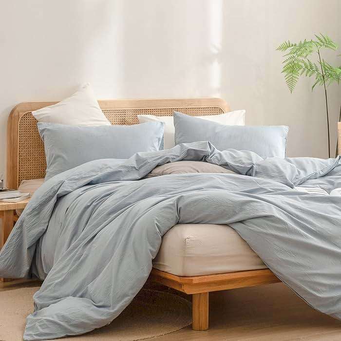 BESTOUCH Duvet Cover Set 100% Washed Cotton Linen Feel Super Soft Comfortable Chic Lightweight 3 PCs Home Bedding Set Cornflower Blue Queen - Image 4