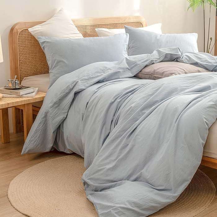BESTOUCH Duvet Cover Set 100% Washed Cotton Linen Feel Super Soft Comfortable Chic Lightweight 3 PCs Home Bedding Set Cornflower Blue Queen - Image 5