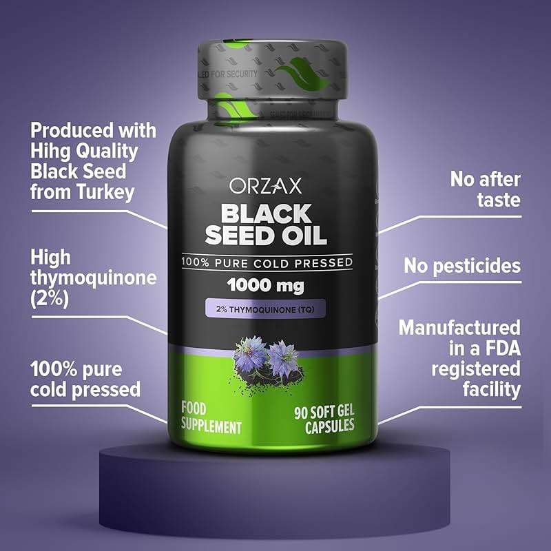 ORZAX Black Seed Oil Cold Pressed 100% Pure | Non-GMO - Rich in Omega 3 6 9 & Thymoquinone | Black Cumin Nigella Sativa Oil for Immune Support, Hair, Skin, Face (1000 mg - 90 Softgel Capsules) | Cold Pressed Nigella Sativa Oil, Omega 3-6-9, Non-GMO, easy-to-swallow softgels for everyday use - Image 3