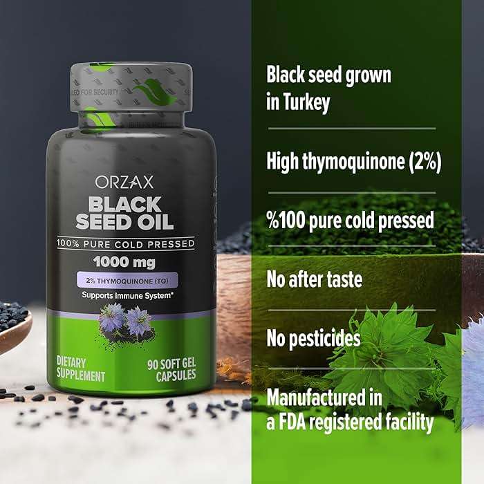 ORZAX Black Seed Oil Cold Pressed 100% Pure | Non-GMO - Rich in Omega 3 6 9 & Thymoquinone | Black Cumin Nigella Sativa Oil for Immune Support, Hair, Skin, Face (1000 mg - 90 Softgel Capsules) | Cold Pressed Nigella Sativa Oil, Omega 3-6-9, Non-GMO, easy-to-swallow softgels for everyday use - Image 5