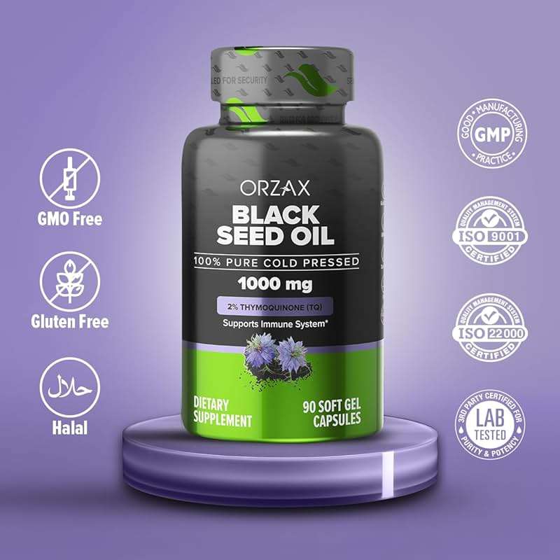 ORZAX Black Seed Oil Cold Pressed 100% Pure | Non-GMO - Rich in Omega 3 6 9 & Thymoquinone | Black Cumin Nigella Sativa Oil for Immune Support, Hair, Skin, Face (1000 mg - 90 Softgel Capsules) | Cold Pressed Nigella Sativa Oil, Omega 3-6-9, Non-GMO, easy-to-swallow softgels for everyday use - Image 6
